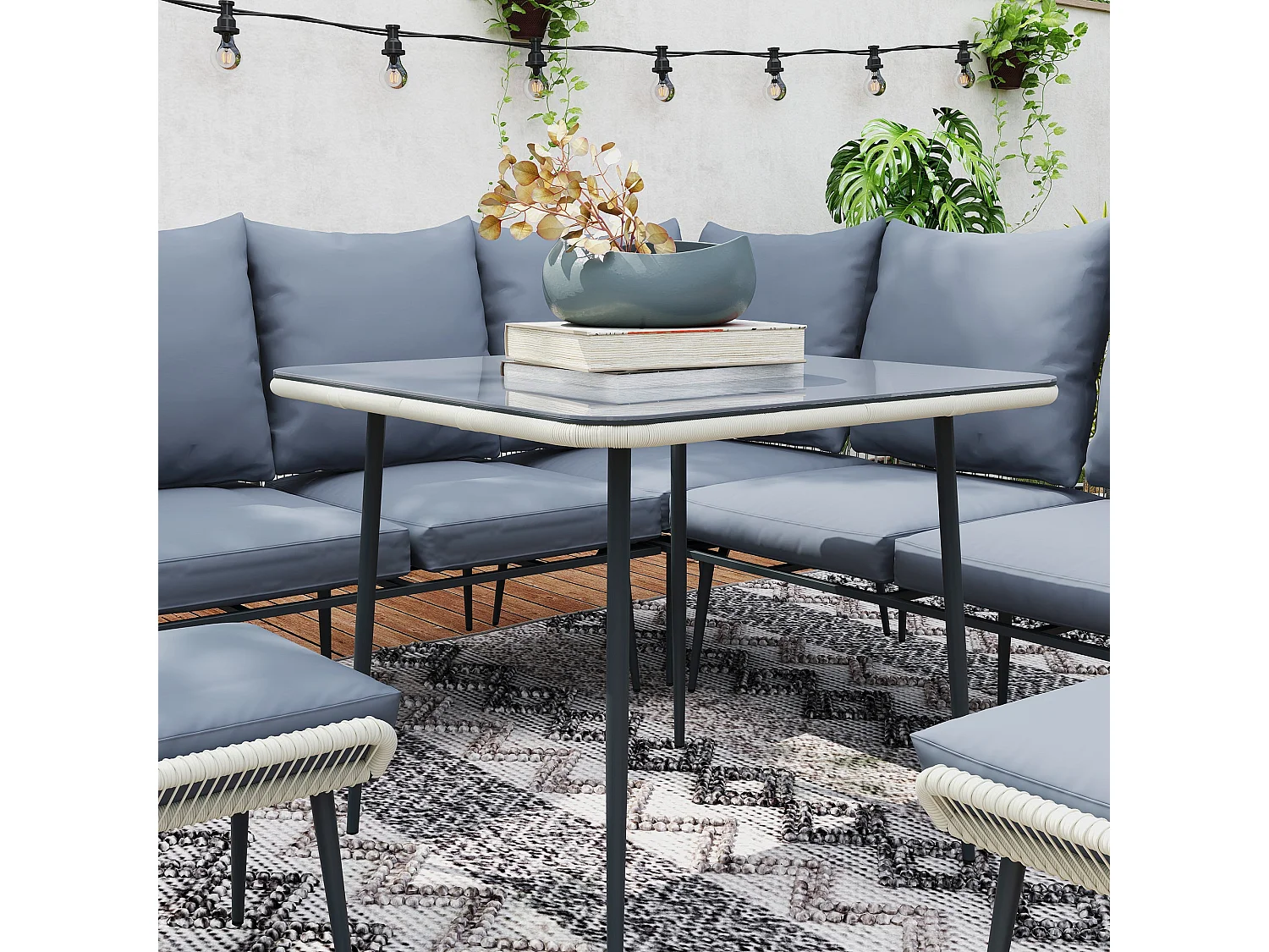 Vika Grey 7 Seater Modular Rattan Garden Sofa Set with Tempered Glass Coffee Table and 2 Stools
