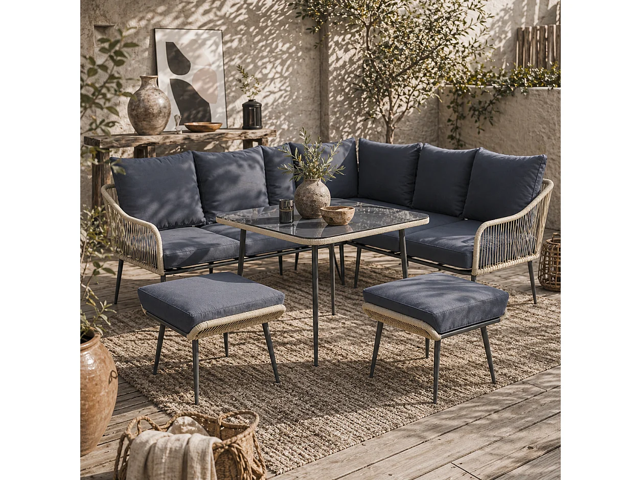 Vika Grey 7 Seater Modular Rattan Garden Sofa Set with Tempered Glass Coffee Table and 2 Stools