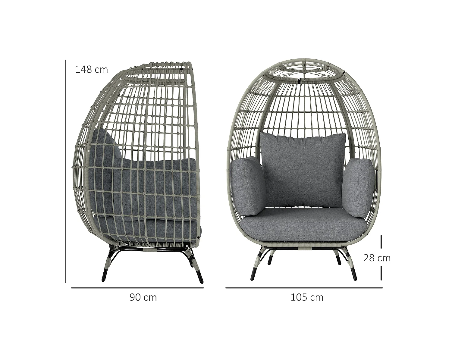 Tomova Grey Rattan Rope Egg Chair with Cushions and Matching Pillows