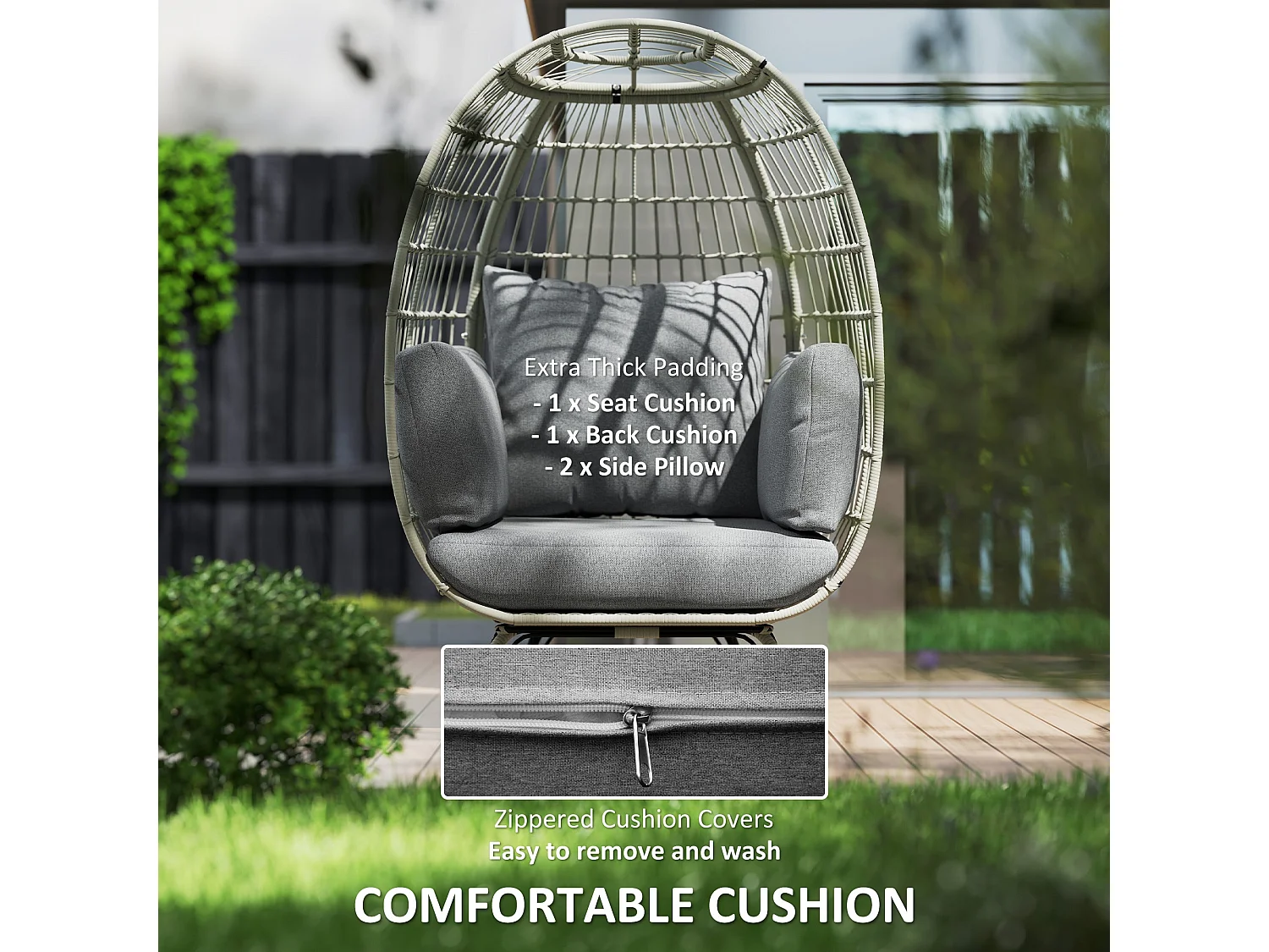 Tomova Grey Rattan Rope Egg Chair with Cushions and Matching Pillows
