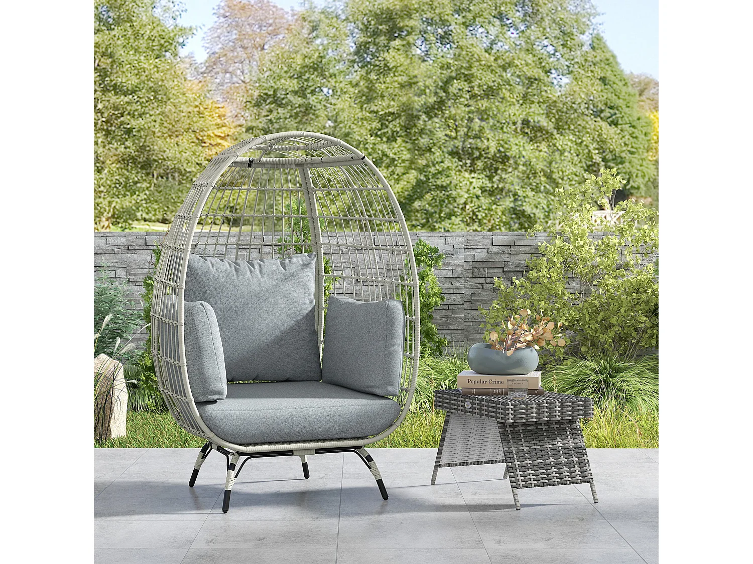 Tomova Grey Rattan Rope Egg Chair with Cushions and Matching Pillows