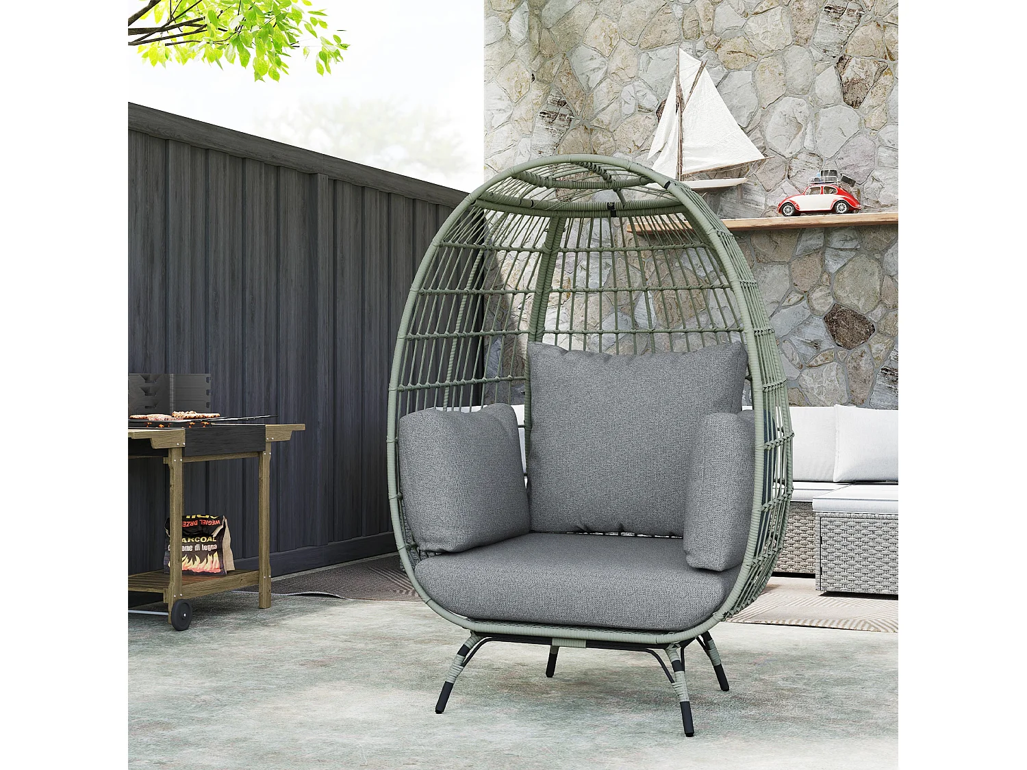 Tomova Grey Rattan Rope Egg Chair with Cushions and Matching Pillows