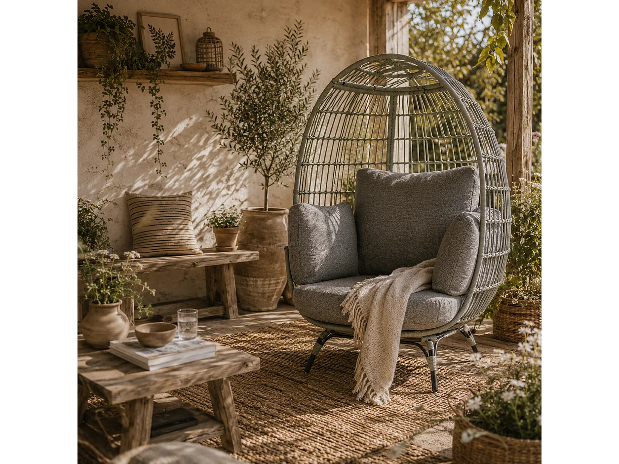 Tomova Grey Rattan Rope Egg Chair with Cushions and Matching Pillows
