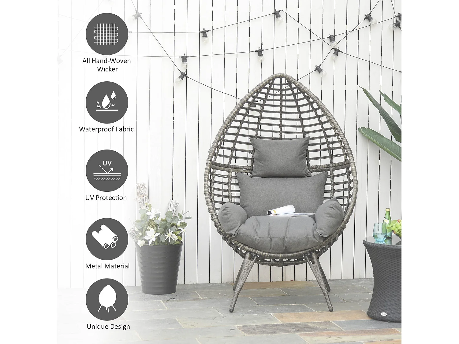 Luyono Grey PE Rattan Teardrop Egg Chair with Cushion