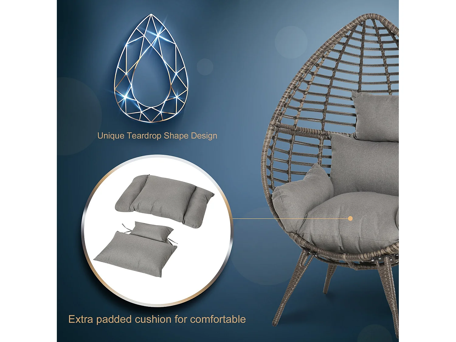 Luyono Grey PE Rattan Teardrop Egg Chair with Cushion
