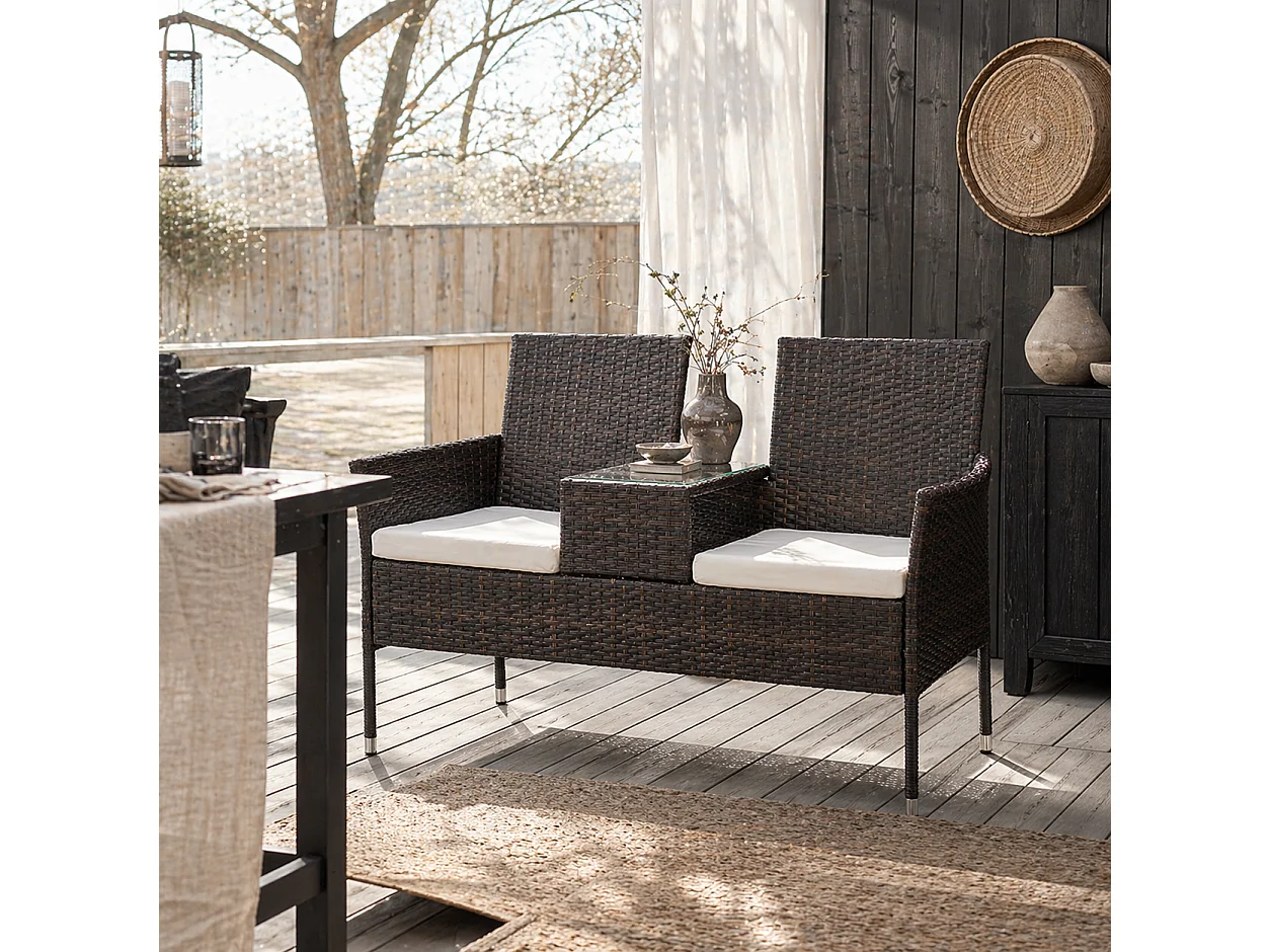 Renata 2 Seater Faux Rattan Garden Chair with Integrated Table