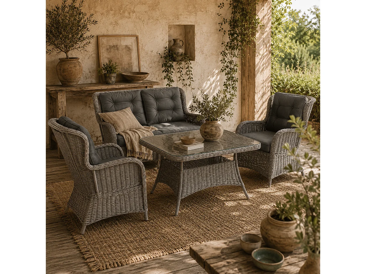 Fano 4 Seater Outdoor Sofa Set Grey High Back Chairs Glass Coffee Table