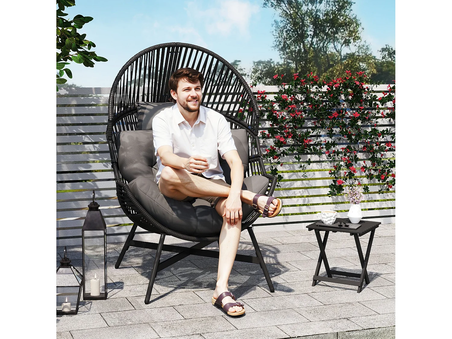 Rataco Oversized Freestanding Egg Chair Charcoal Grey with Tufted Cushion and Headrest