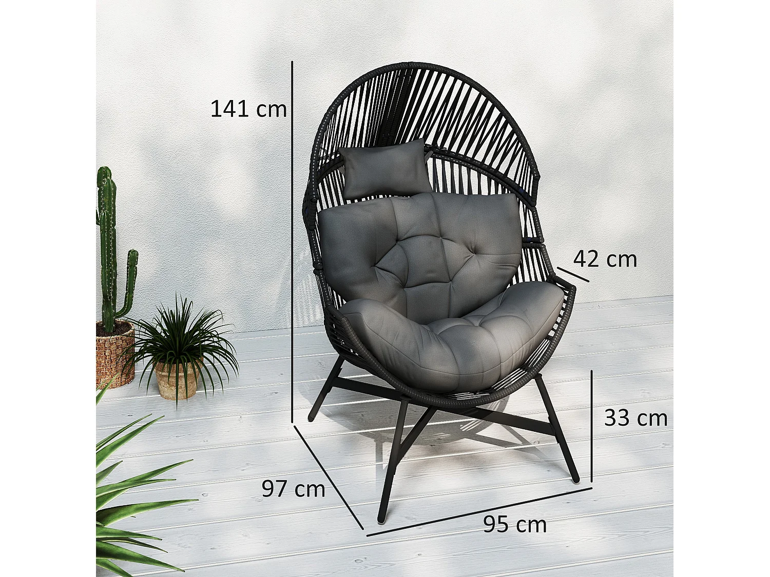 Rataco Oversized Freestanding Egg Chair Charcoal Grey with Tufted Cushion and Headrest