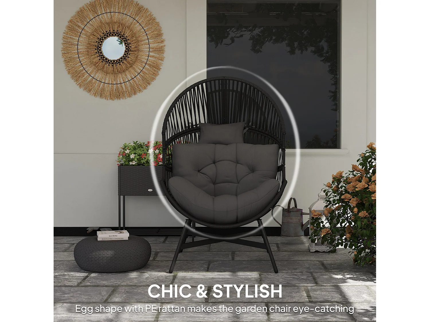 Rataco Oversized Freestanding Egg Chair Charcoal Grey with Tufted Cushion and Headrest