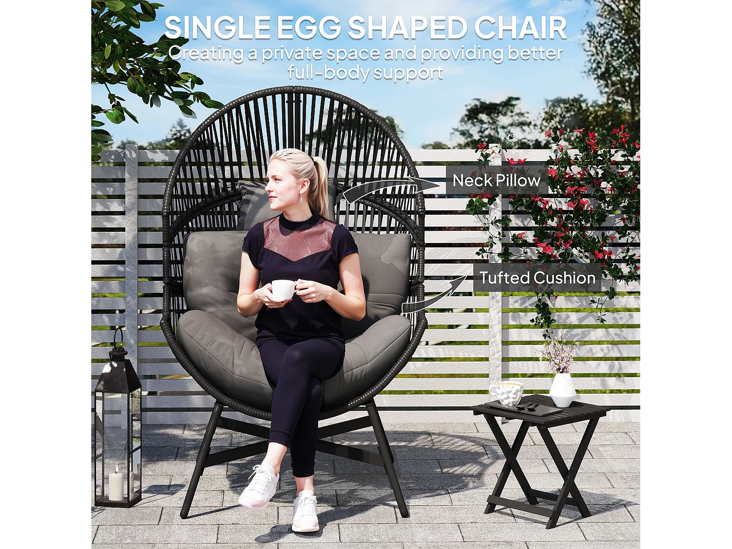 Rataco Oversized Freestanding Egg Chair Charcoal Grey with Tufted Cushion and Headrest