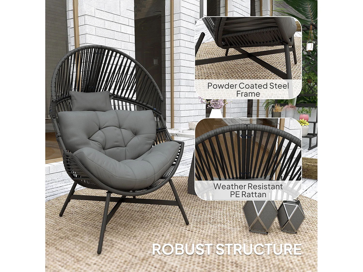 Rataco Oversized Freestanding Egg Chair Charcoal Grey with Tufted Cushion and Headrest