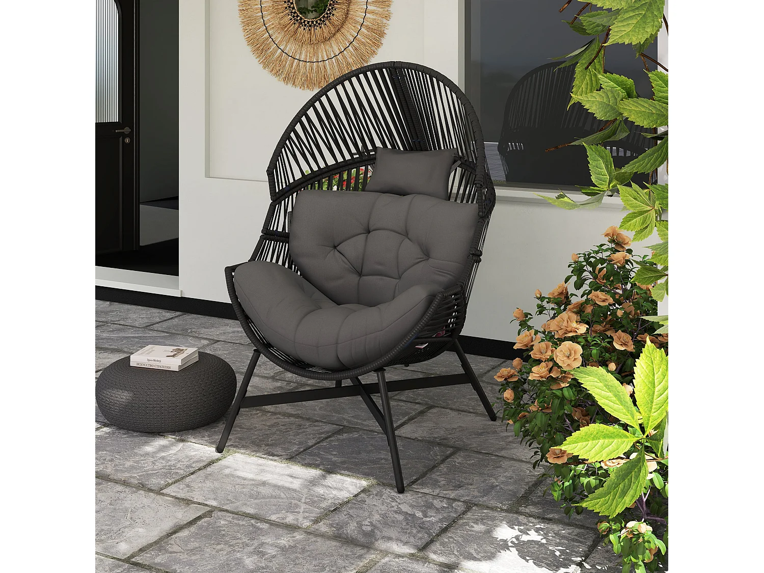 Rataco Oversized Freestanding Egg Chair Charcoal Grey with Tufted Cushion and Headrest