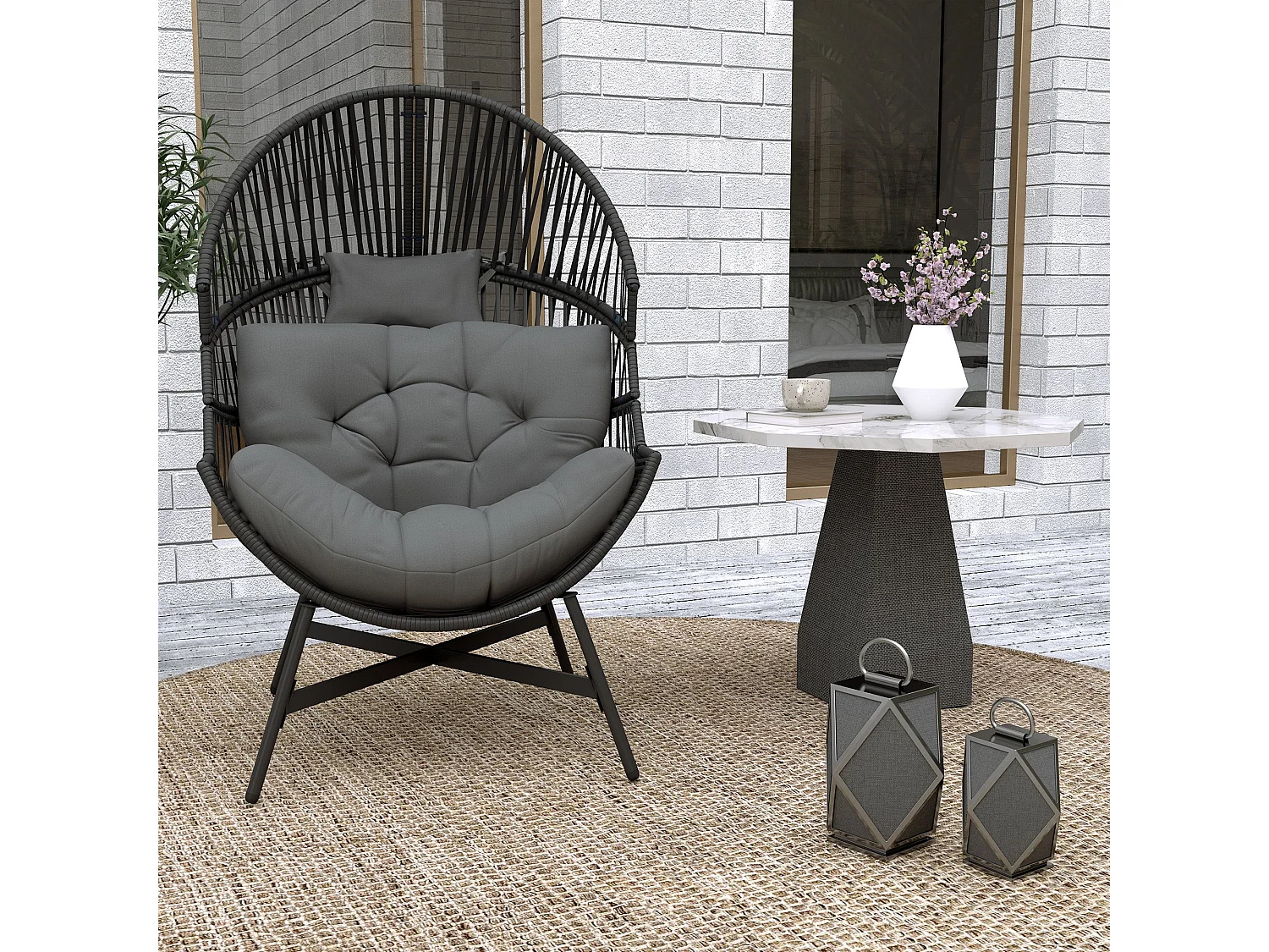 Rataco Oversized Freestanding Egg Chair Charcoal Grey with Tufted Cushion and Headrest