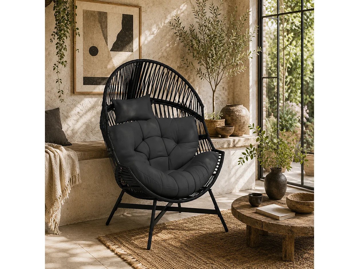 Rataco Oversized Freestanding Egg Chair Charcoal Grey with Tufted Cushion and Headrest