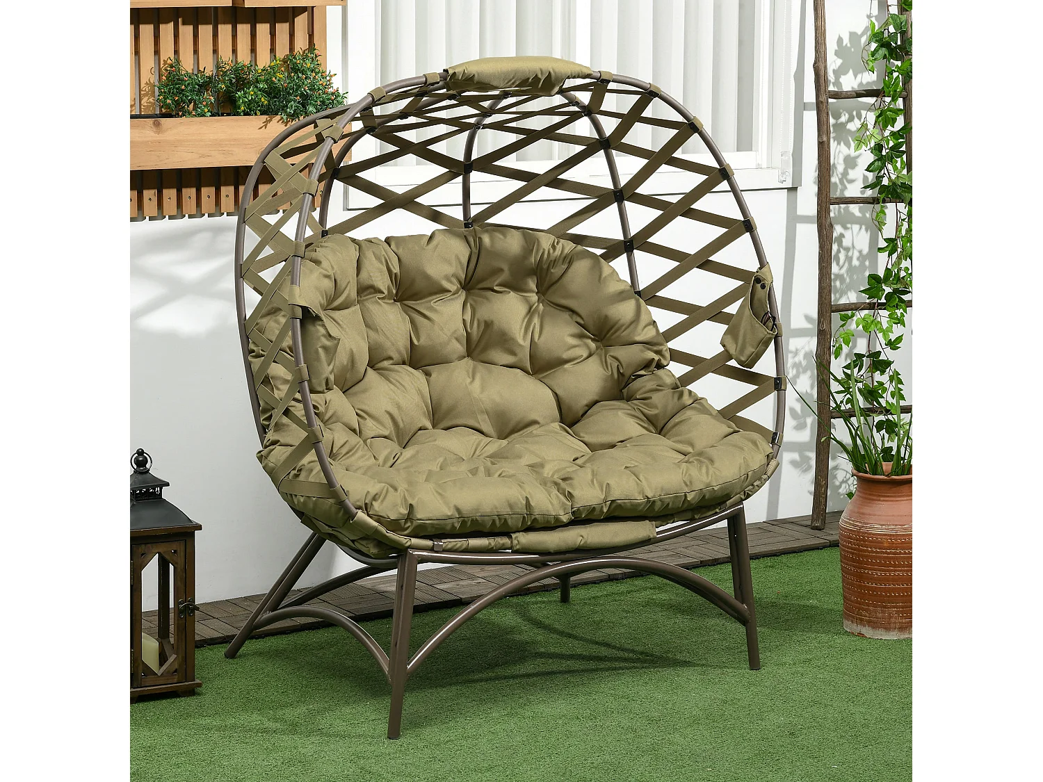 Vere Khaki 2 Seater Folding Egg Chair with Cushions and Cup Holders