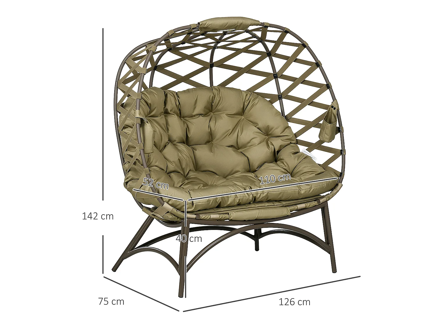 Vere Khaki 2 Seater Folding Egg Chair with Cushions and Cup Holders