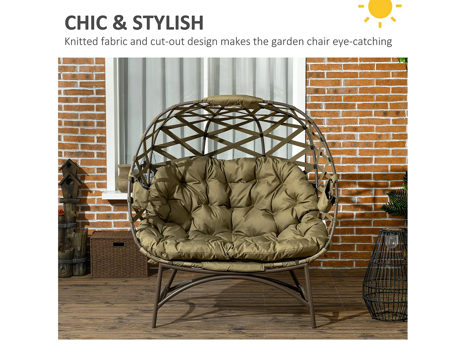 Vere Khaki 2 Seater Folding Egg Chair with Cushions and Cup Holders