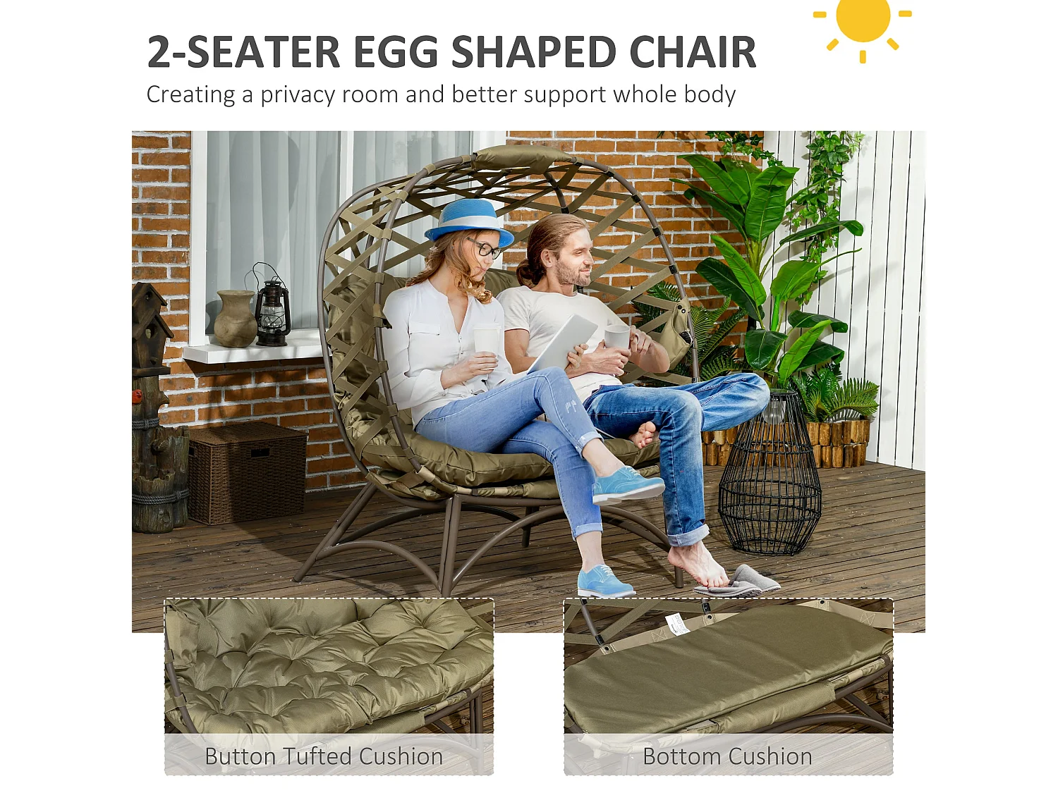 Vere Khaki 2 Seater Folding Egg Chair with Cushions and Cup Holders