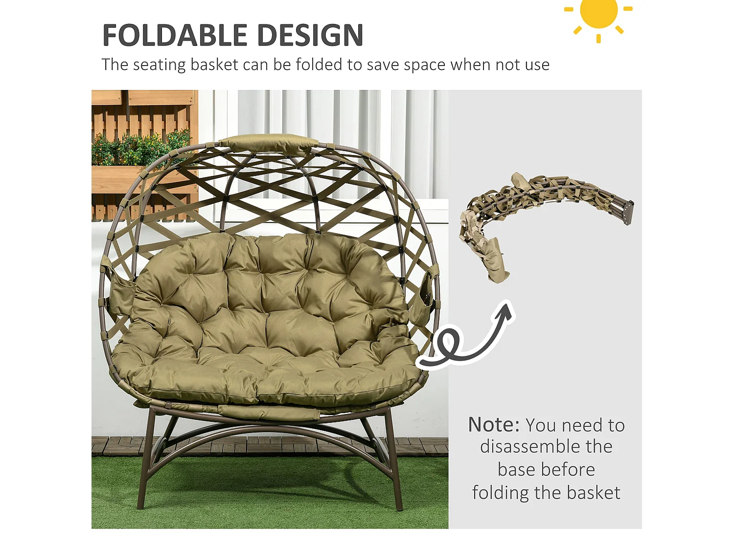 Vere Khaki 2 Seater Folding Egg Chair with Cushions and Cup Holders