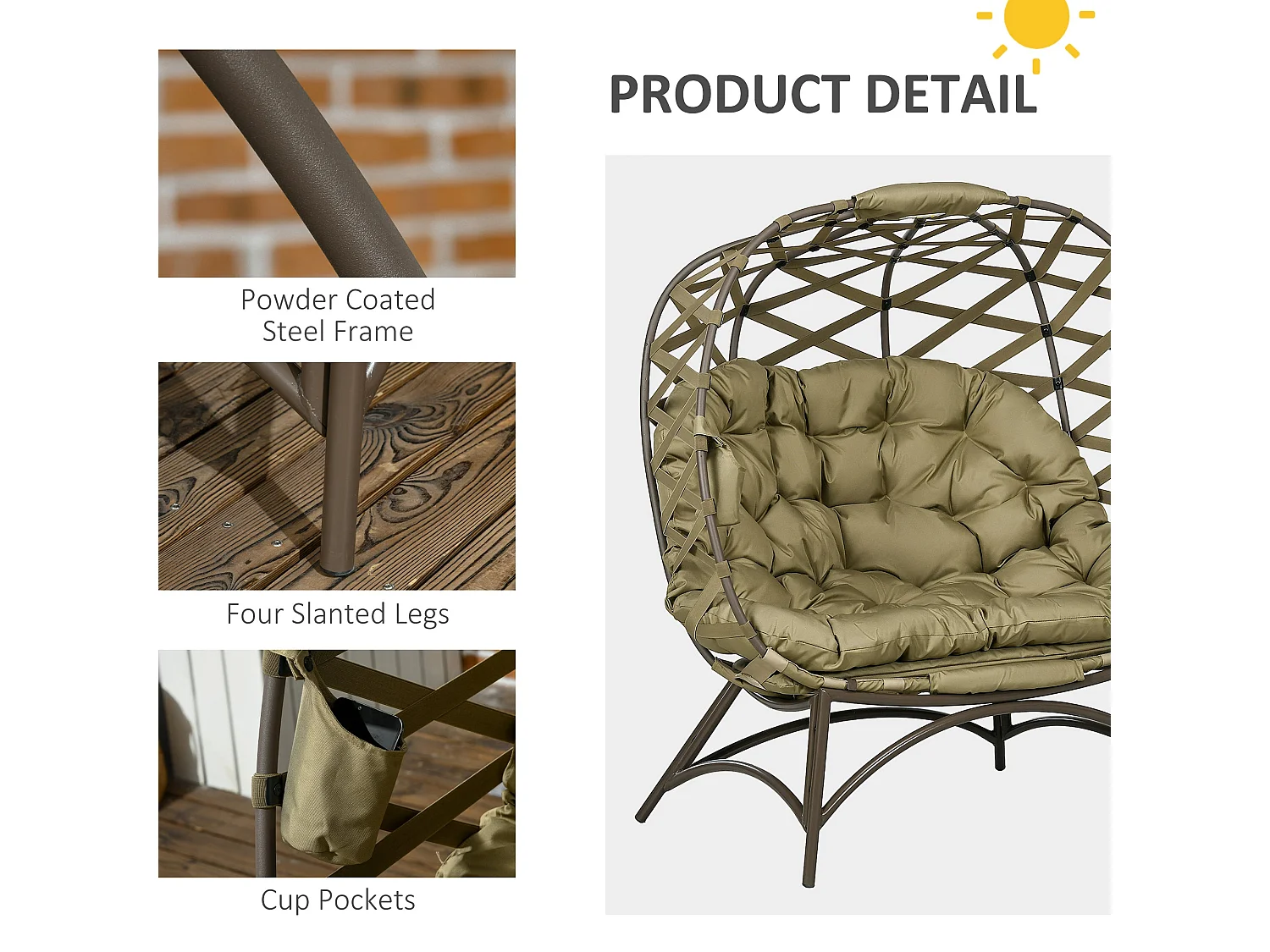 Vere Khaki 2 Seater Folding Egg Chair with Cushions and Cup Holders