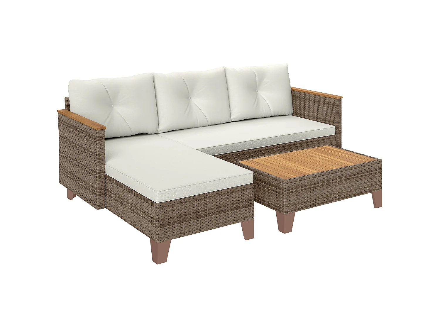 Serado 3 Piece L Shaped Outdoor Rattan Conversation Set with Acacia Wood Top