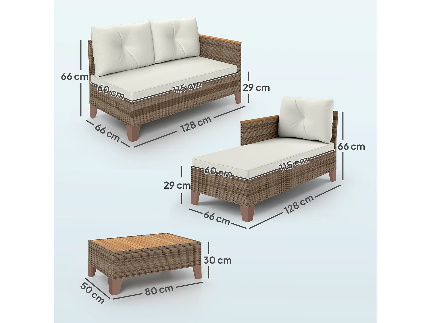 Serado 3 Piece L Shaped Outdoor Rattan Conversation Set with Acacia Wood Top