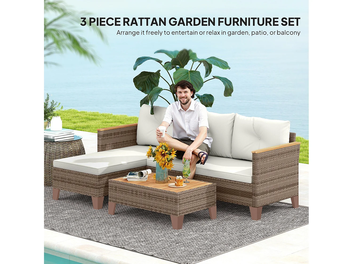 Serado 3 Piece L Shaped Outdoor Rattan Conversation Set with Acacia Wood Top