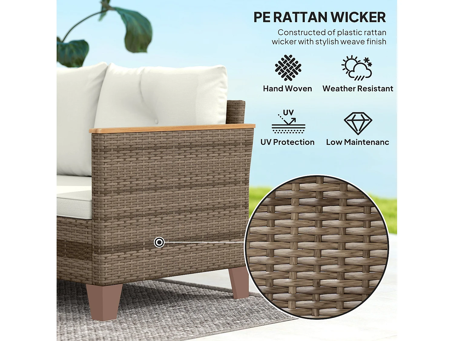 Serado 3 Piece L Shaped Outdoor Rattan Conversation Set with Acacia Wood Top