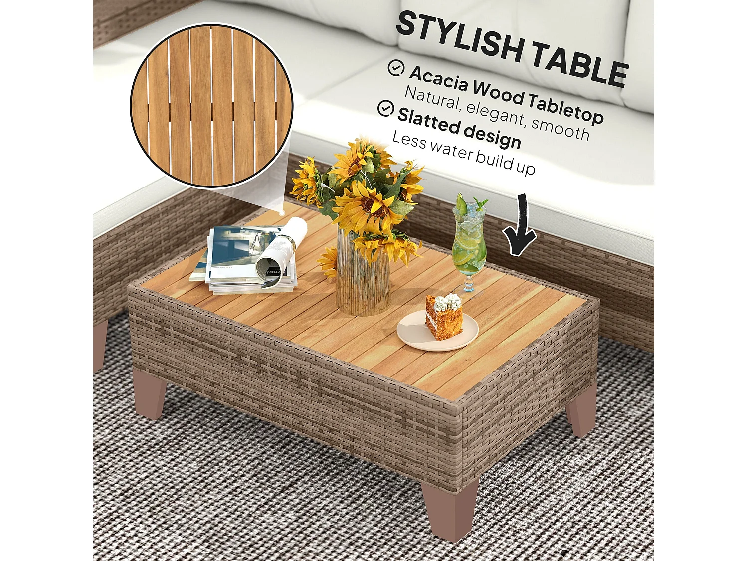 Serado 3 Piece L Shaped Outdoor Rattan Conversation Set with Acacia Wood Top