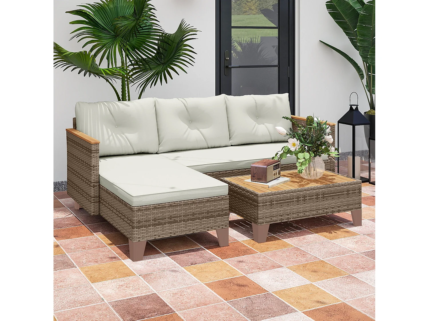 Serado 3 Piece L Shaped Outdoor Rattan Conversation Set with Acacia Wood Top