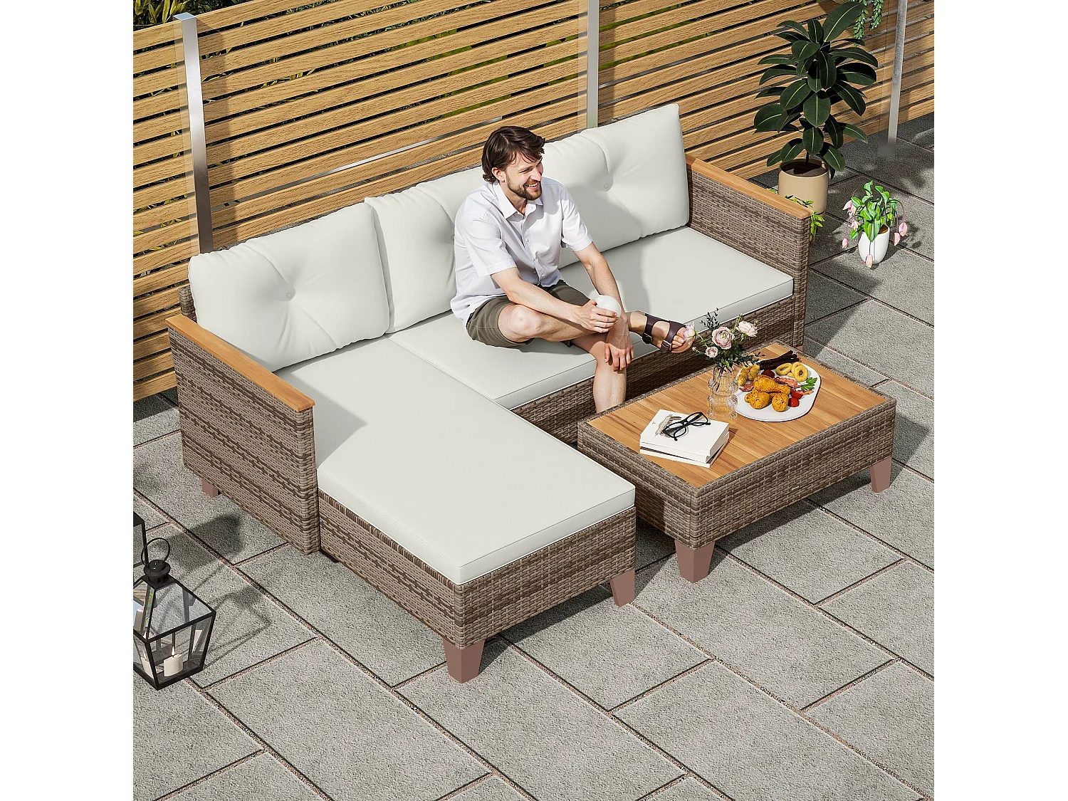 Serado 3 Piece L Shaped Outdoor Rattan Conversation Set with Acacia Wood Top