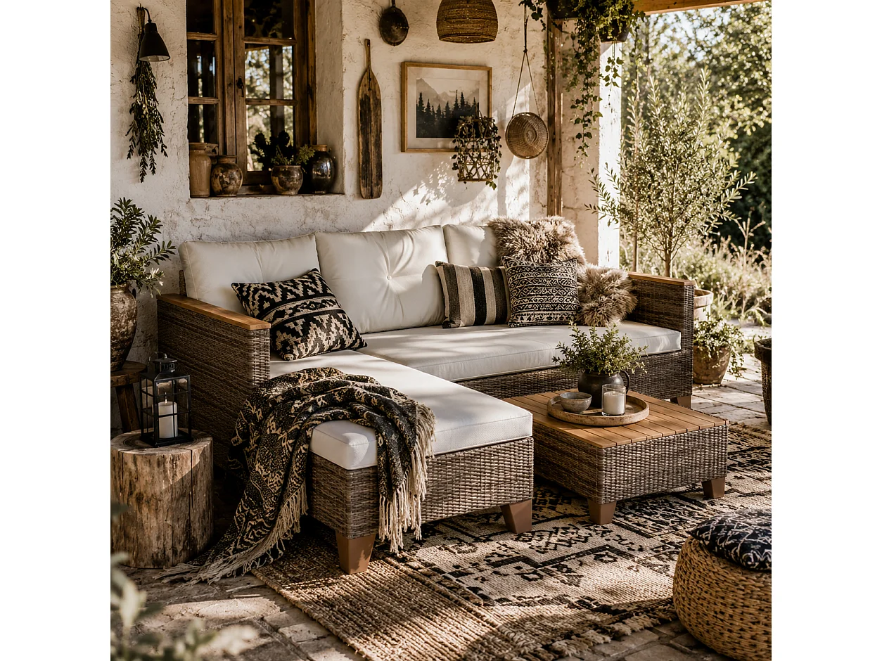 Serado 3 Piece L Shaped Outdoor Rattan Conversation Set with Acacia Wood Top