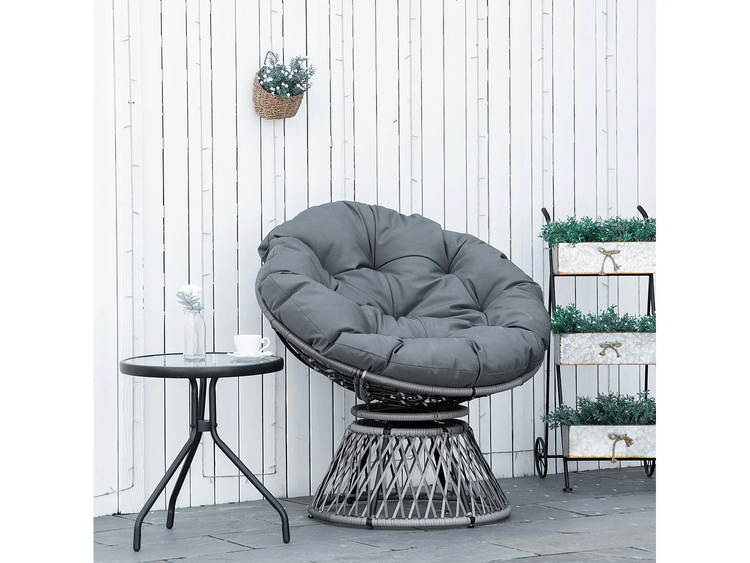 Rarare Grey Rattan Swivel Papasan Moon Chair with Oversized Cushion