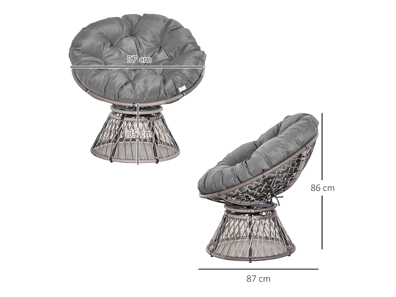 Rarare Grey Rattan Swivel Papasan Moon Chair with Oversized Cushion