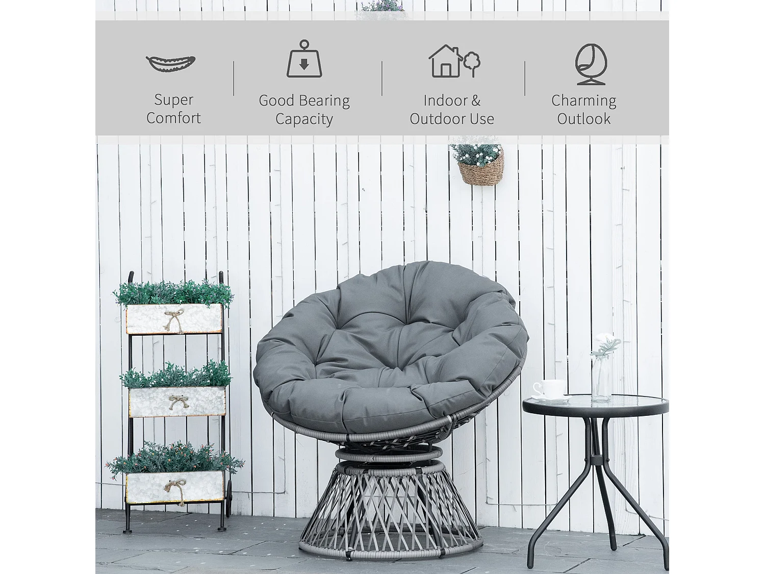 Rarare Grey Rattan Swivel Papasan Moon Chair with Oversized Cushion