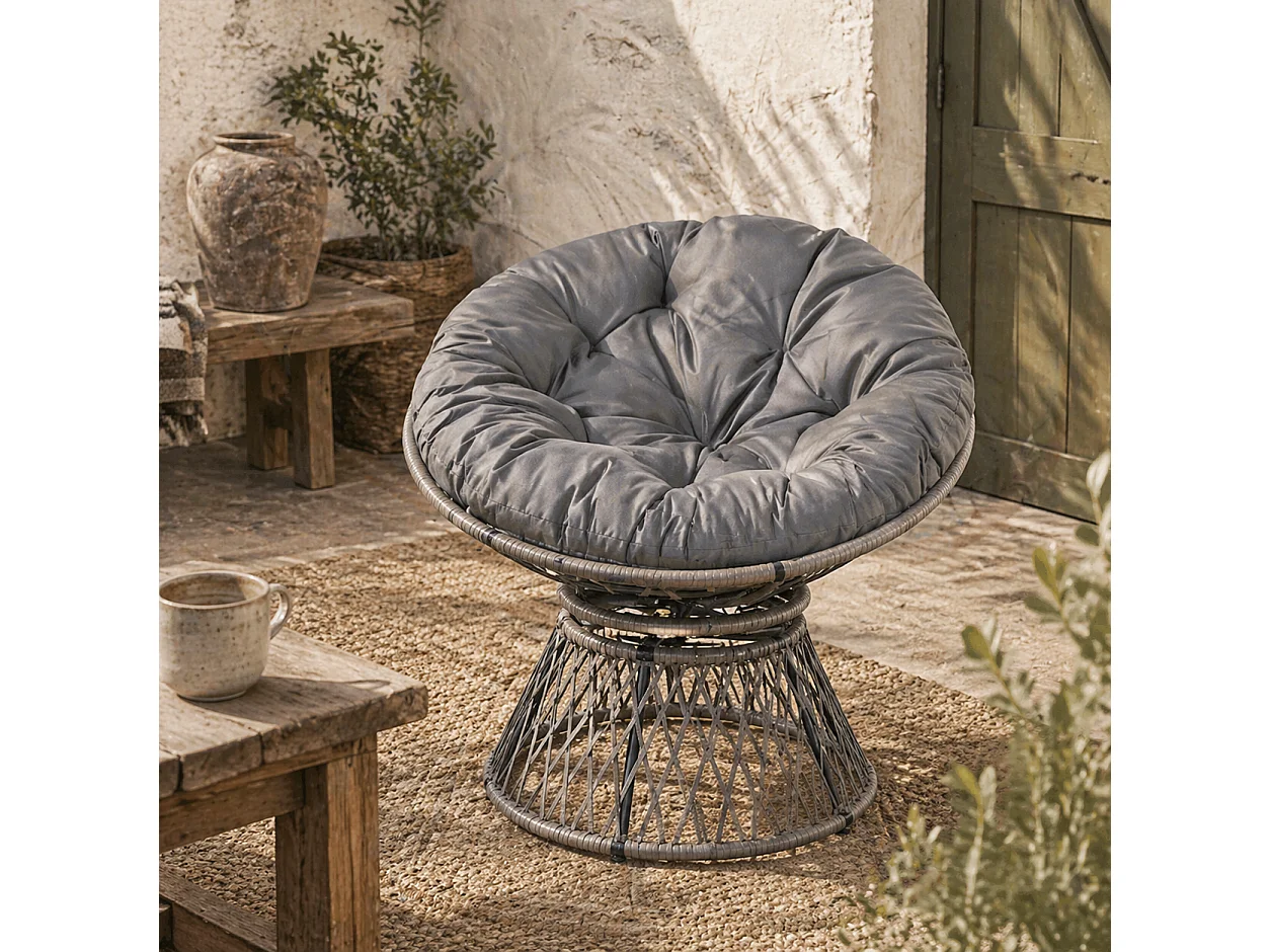 Rarare Grey Rattan Swivel Papasan Moon Chair with Oversized Cushion