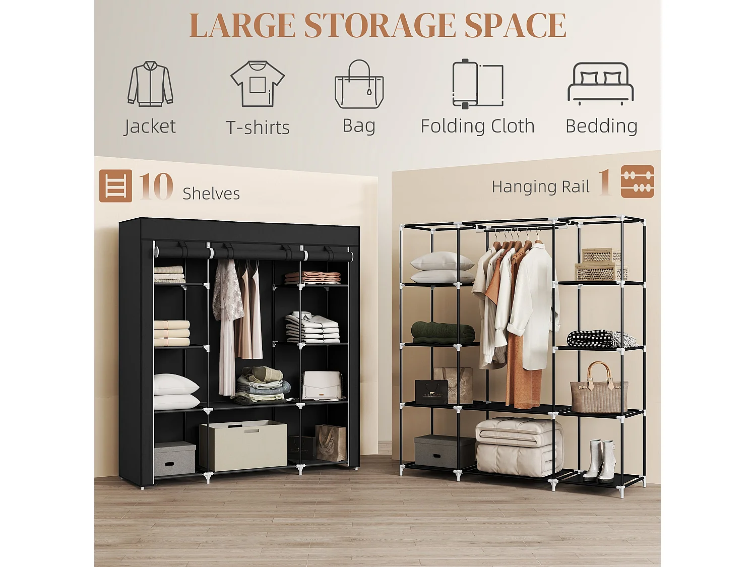 Belapalo Black Foldable Fabric Wardrobe 150cm with Shelves and Zip Cover