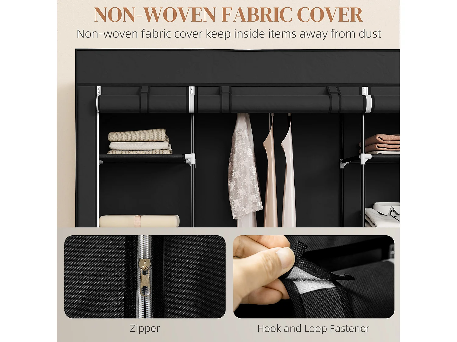 Belapalo Black Foldable Fabric Wardrobe 150cm with Shelves and Zip Cover