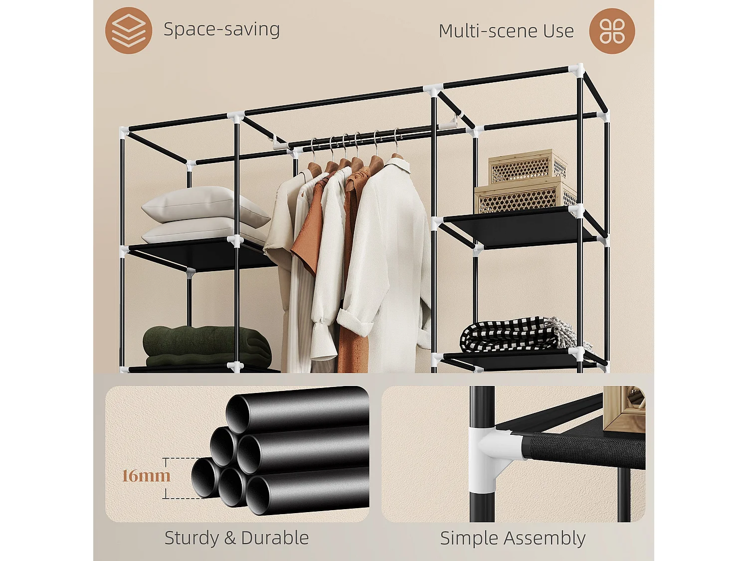 Belapalo Black Foldable Fabric Wardrobe 150cm with Shelves and Zip Cover