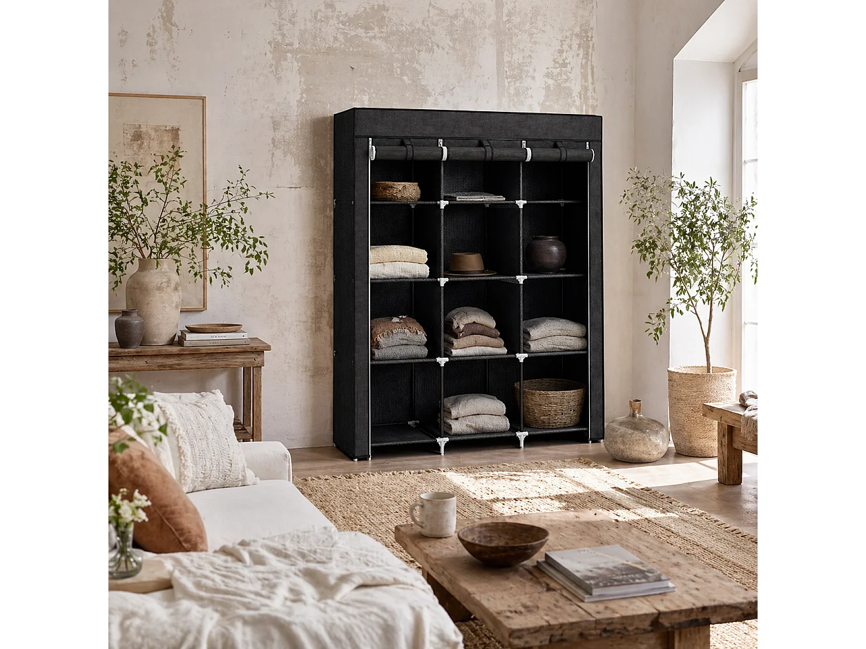 Belapalo Black Foldable Fabric Wardrobe 150cm with Shelves and Zip Cover