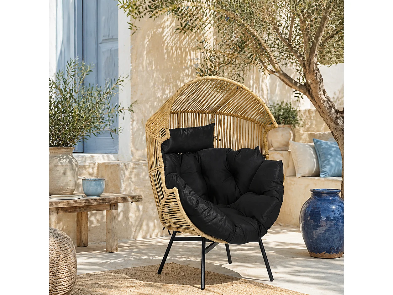 Molaha Sand and Black String Style Egg Chair with Padded Cushion