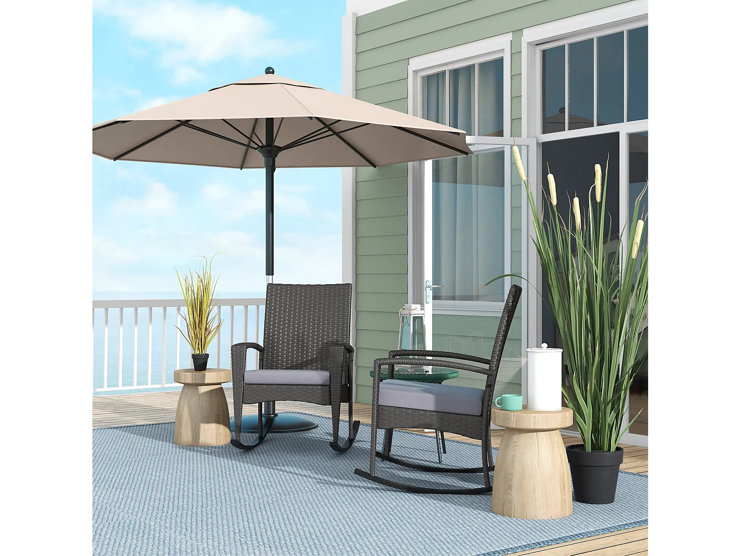 Lora Set of 2 Grey Rattan Outdoor Rocking Chairs with Cushions