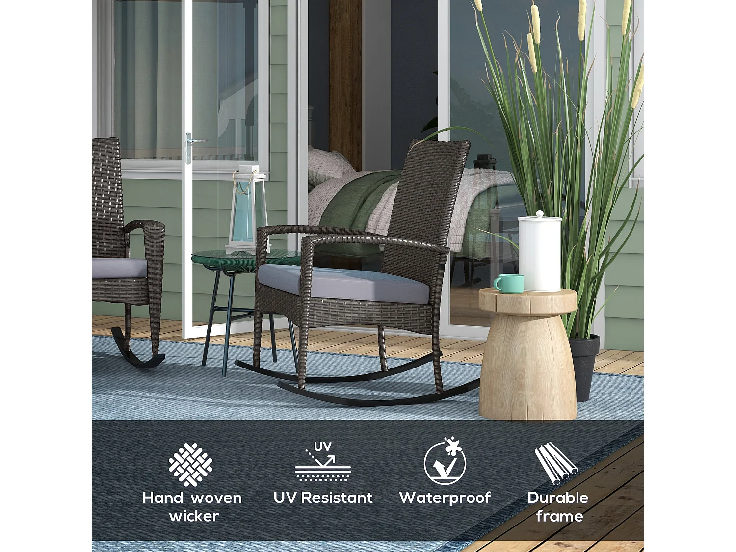 Lora Set of 2 Grey Rattan Outdoor Rocking Chairs with Cushions