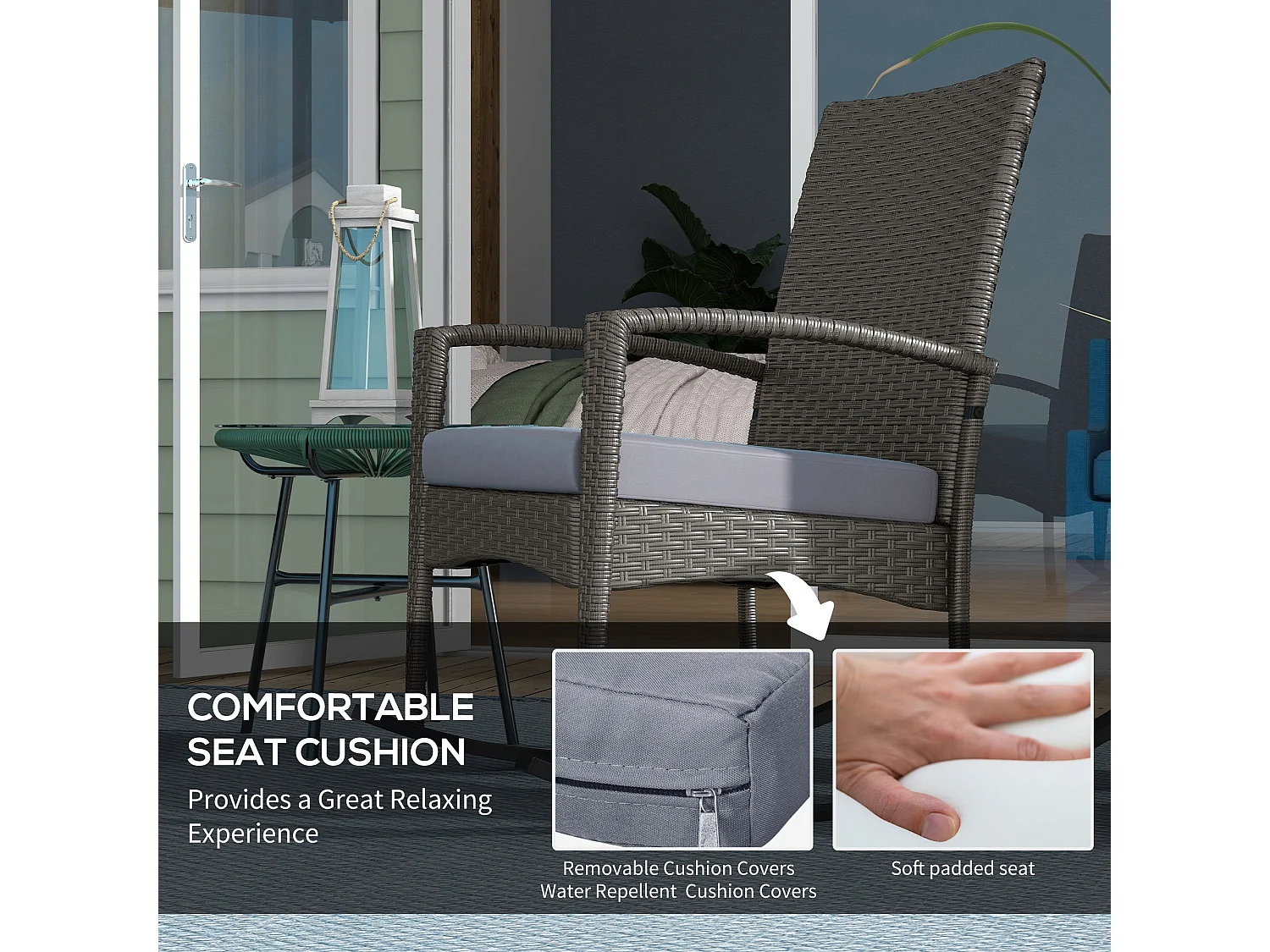 Lora Set of 2 Grey Rattan Outdoor Rocking Chairs with Cushions