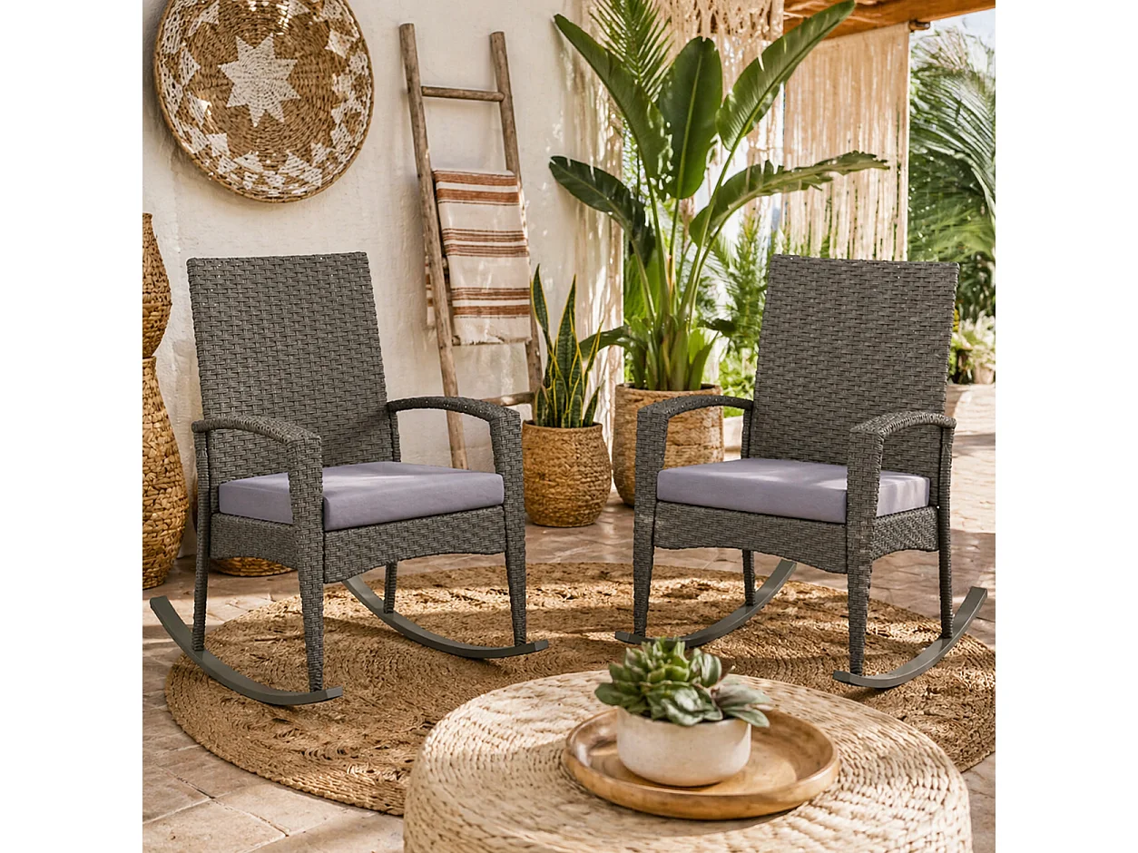 Lora Set of 2 Grey Rattan Outdoor Rocking Chairs with Cushions