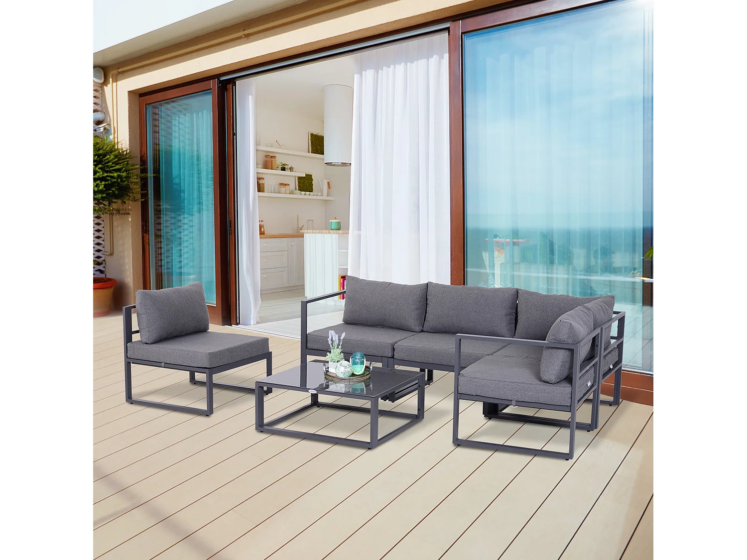 Dokase 5 Seater Grey Modular Outdoor Corner Sofa Set with Coffee Table and Chair