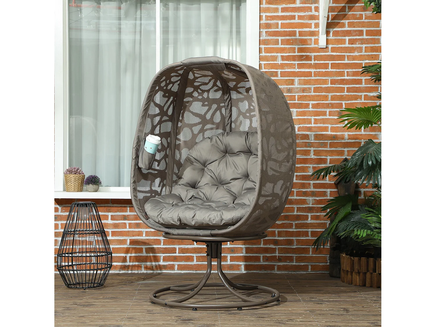 Sand Brown Swivel Egg Chair with Cushions Rattan Style Mesh Powder Coated Steel Frame