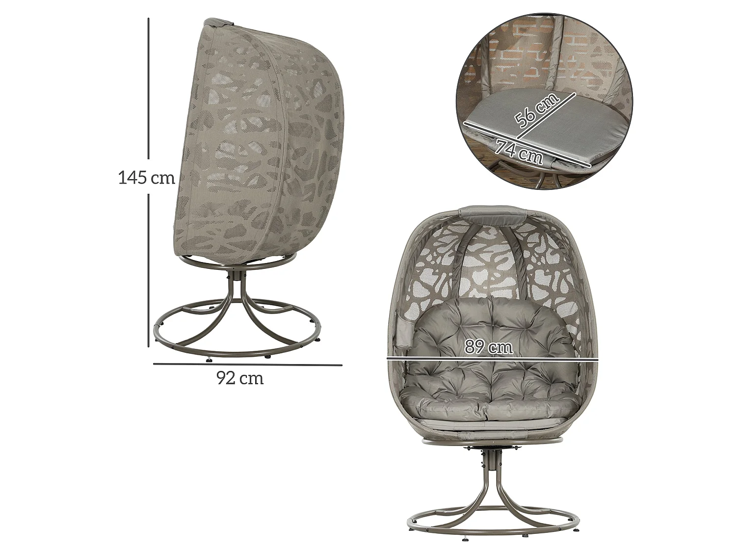 Sand Brown Swivel Egg Chair with Cushions Rattan Style Mesh Powder Coated Steel Frame