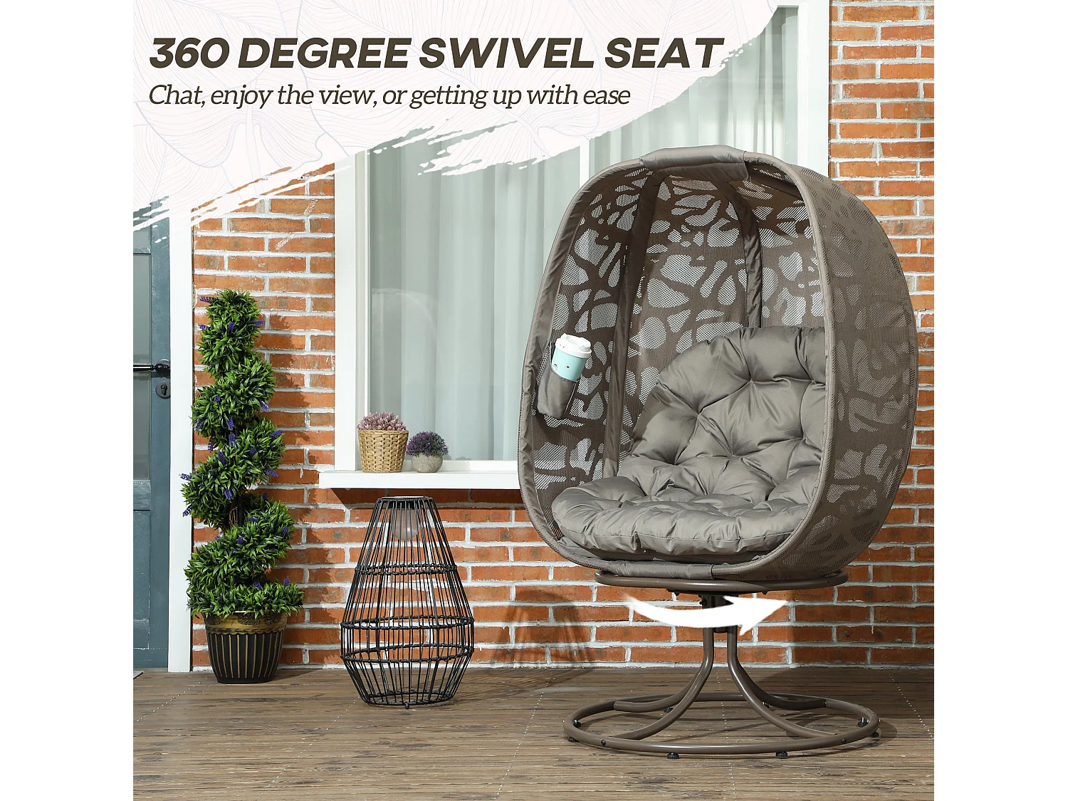 Sand Brown Swivel Egg Chair with Cushions Rattan Style Mesh Powder Coated Steel Frame